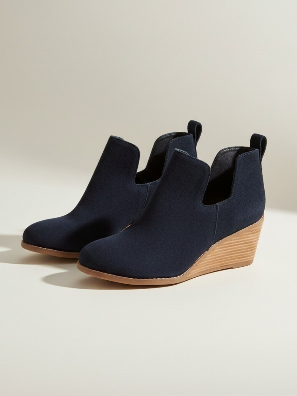 Toms Dark Navy Blue & Wood Wedge Slide-On Ankle Booties Size 7.5